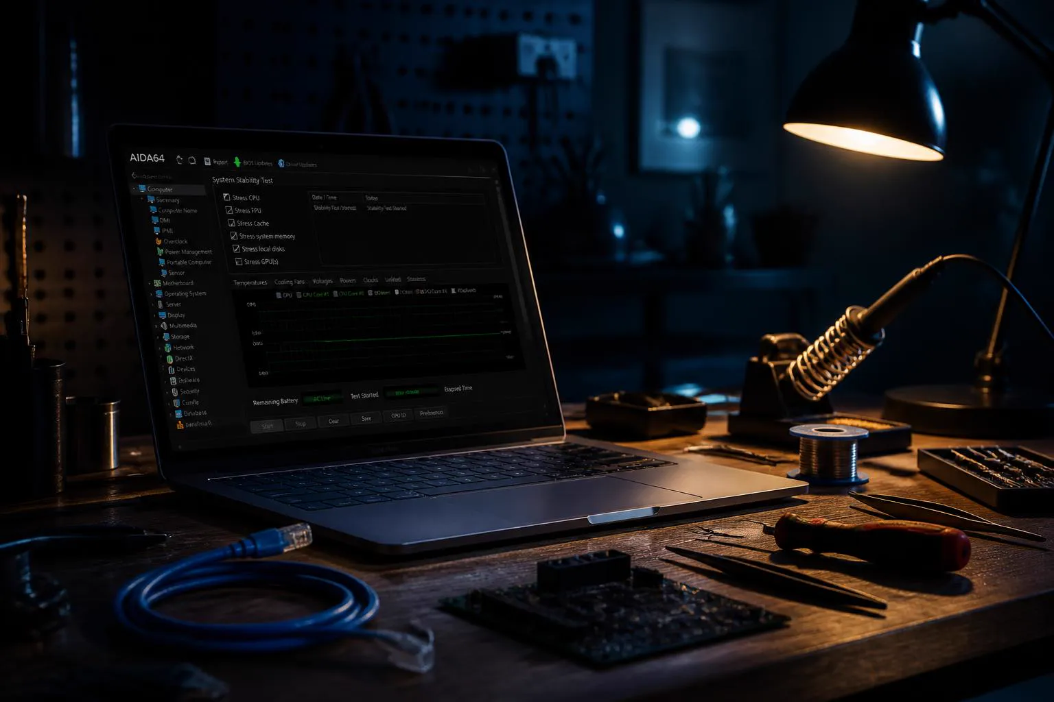 Werkbank met laptop, gereedschap en netwerkkabel